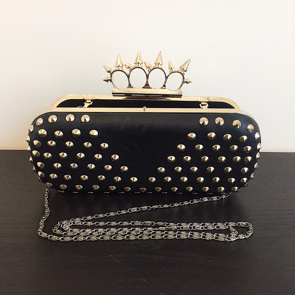 Embellished Black Handle Clutch with Chain Strap