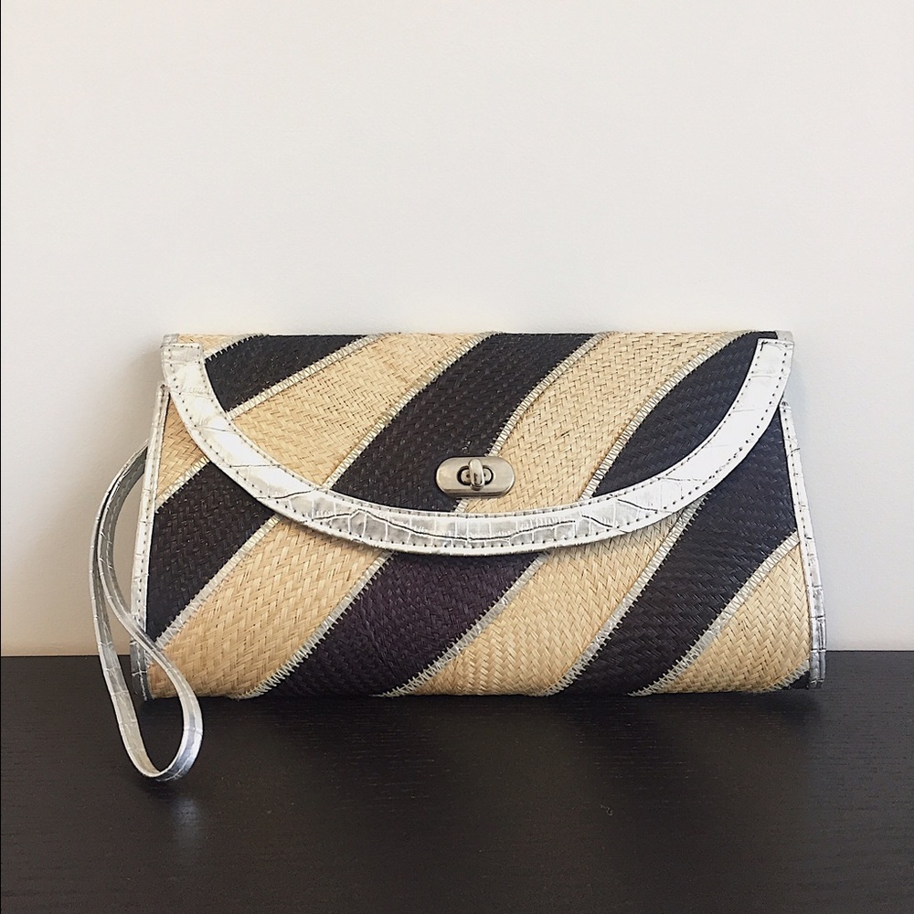 Kaija Striped Straw Clutch with Metallic Trim