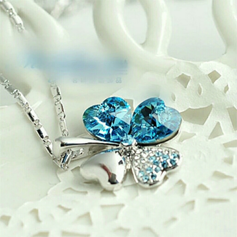 Blue Topaz Crystal Four Leaf Clover Necklace