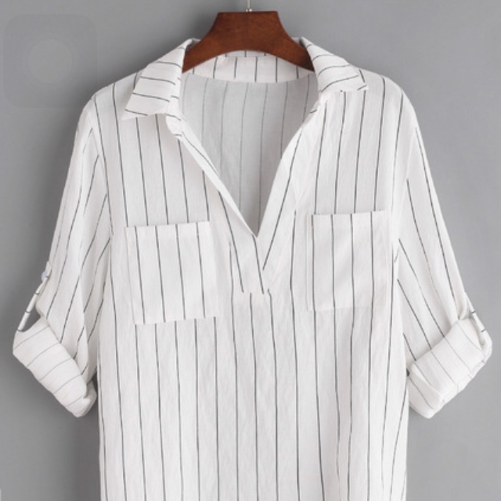 White vertical striped roll tab sleeves blouse