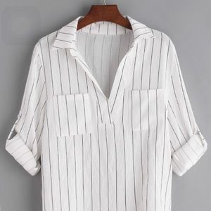 White vertical striped roll tab sleeves blouse