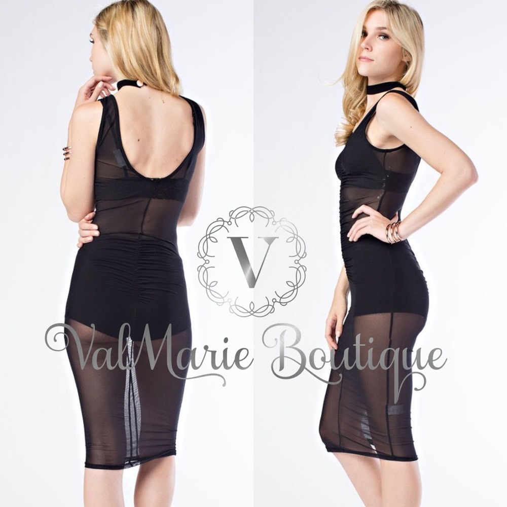 BLACK MESH RUCHED MIDI DRESS - Picture 3 of 3