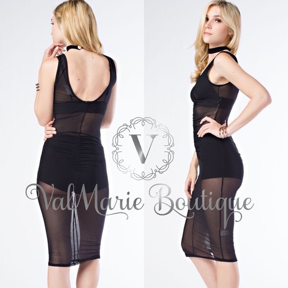 BLACK MESH RUCHED MIDI DRESS - Picture 3 of 3