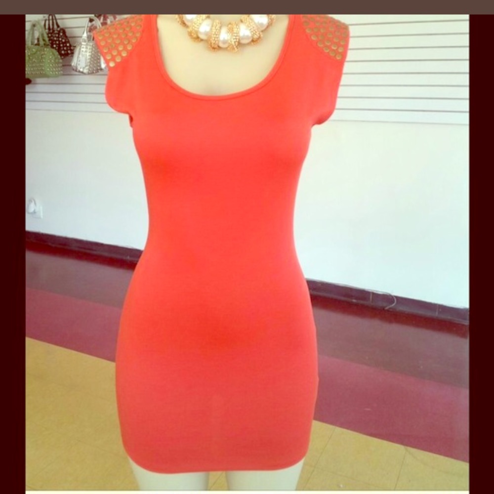 Orange 🍊 fitted dress w/Gold studs on shoulders