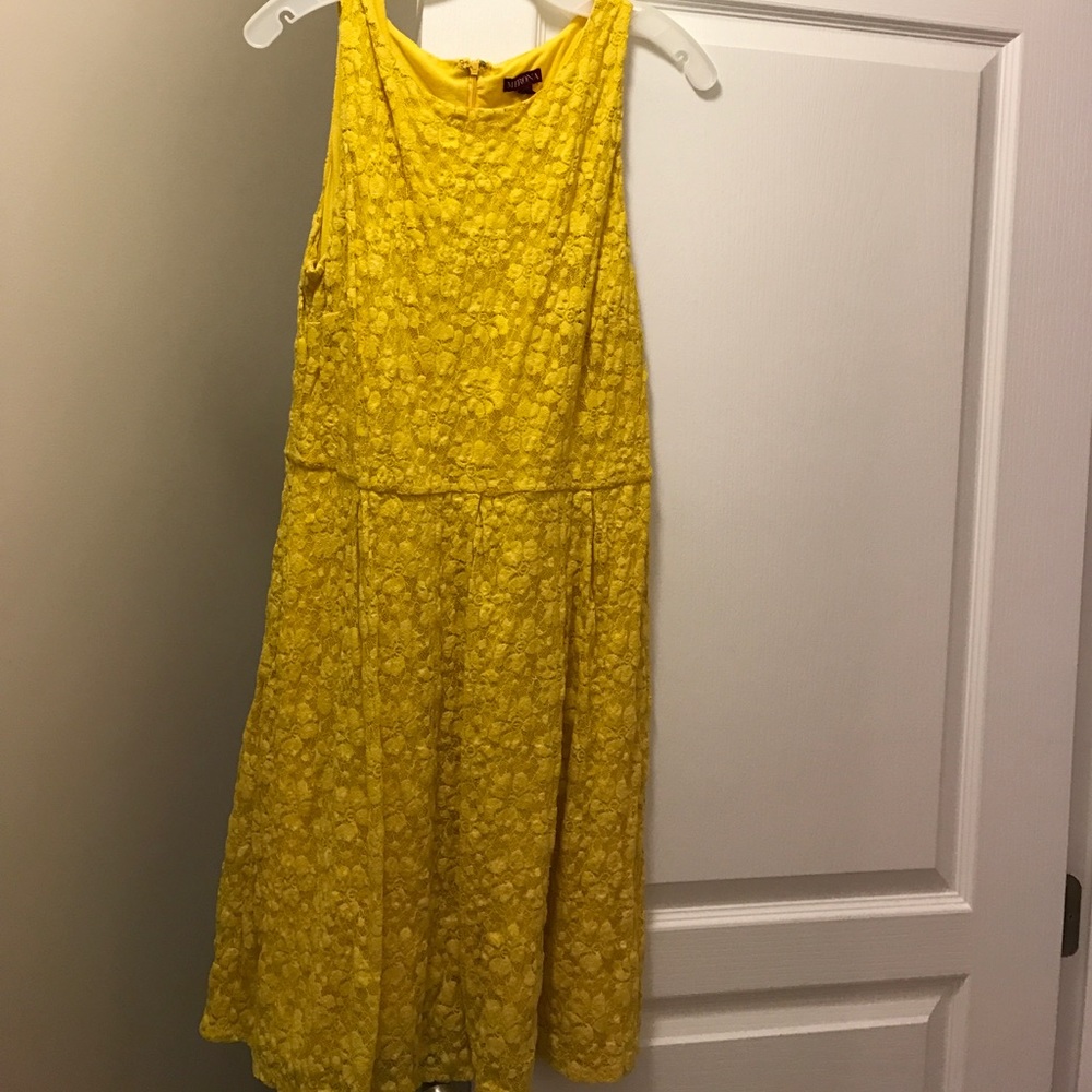 Yellow Lace Flare Dress- Sleeveless, Lace Flowers
