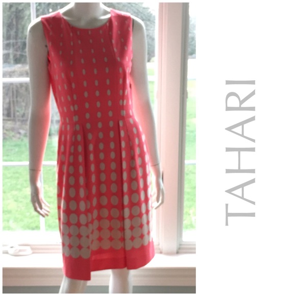 NEW TAHARI career sheath dress coral polkadot 8 - Picture 2 of 4