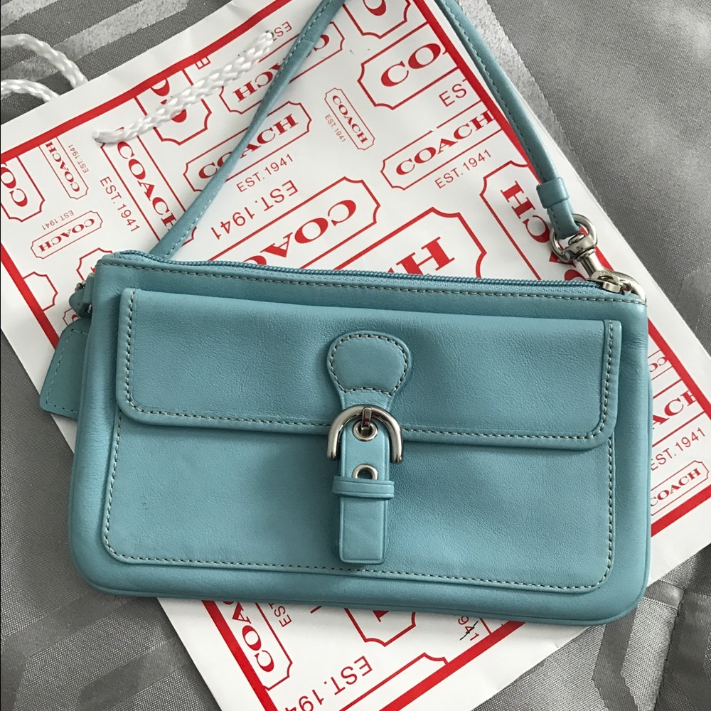 Powder blue leather Coach wristlet/ small purse