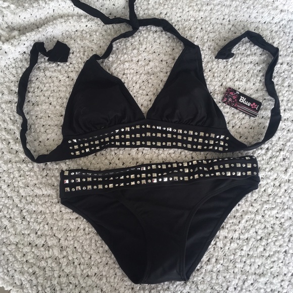 Black 2pc bikini halter top and fold over bottom - Picture 2 of 3