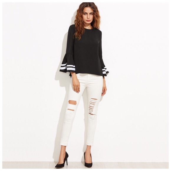 Black & White Belle Sleeve High Low Top D19 - Picture 2 of 4