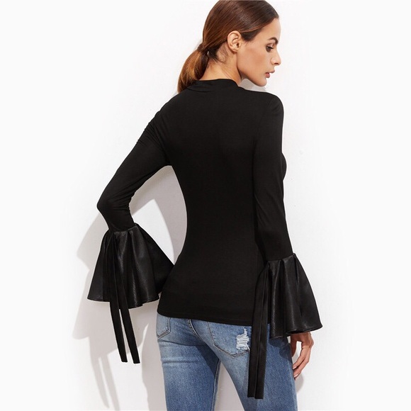 Black Satin Bell Sleeve Stretch Top D19 - Picture 2 of 4