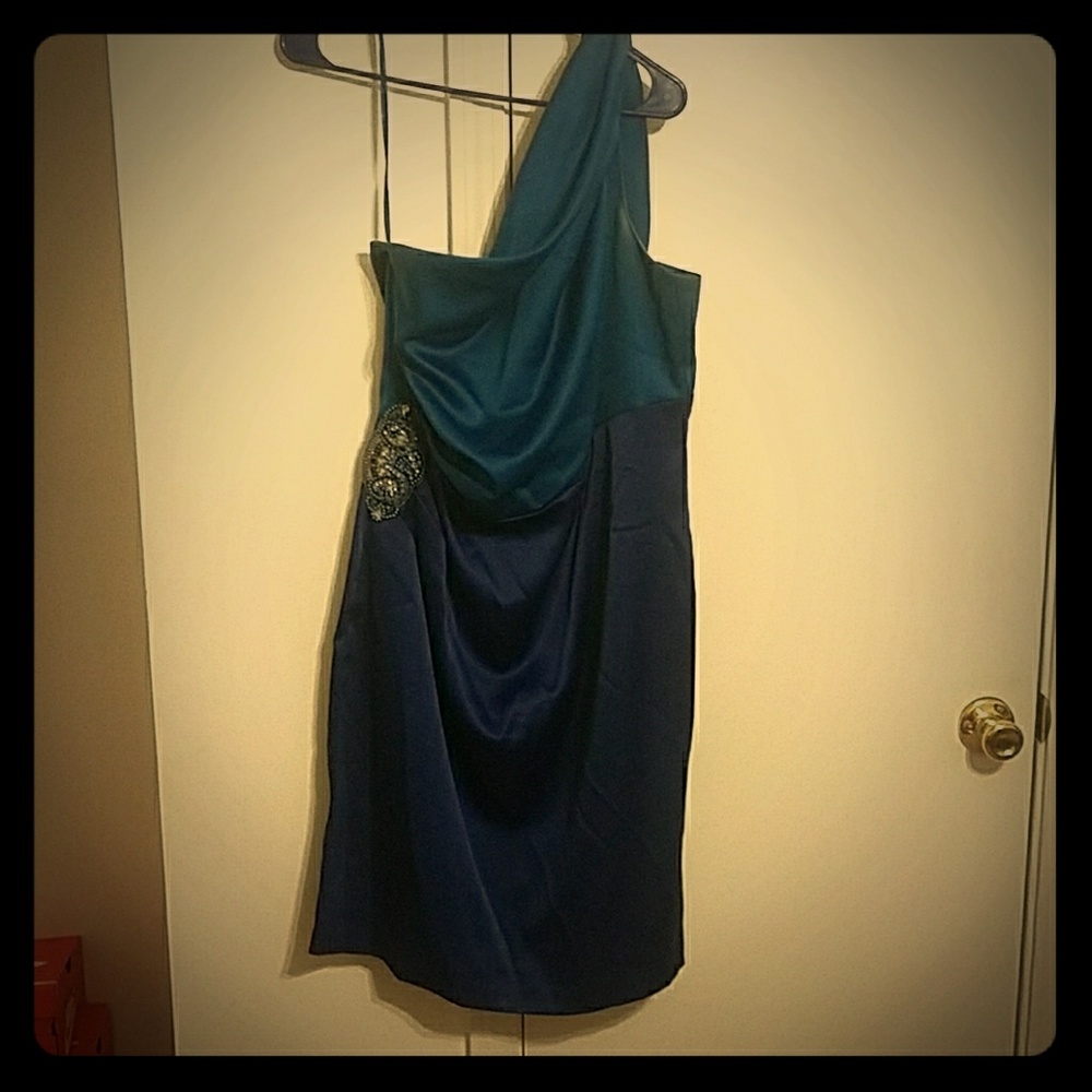 Teal and Navy One shoulder Knee Length dress