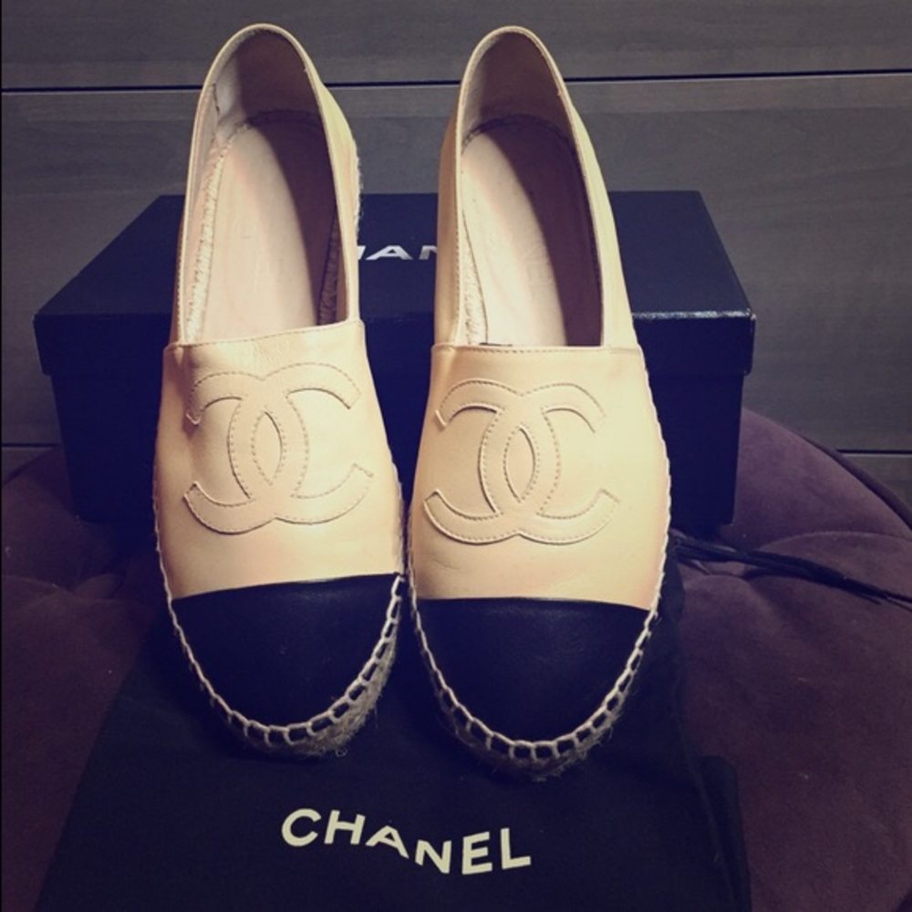 SOLD Chanel Beige and Black Leather Espadrilles