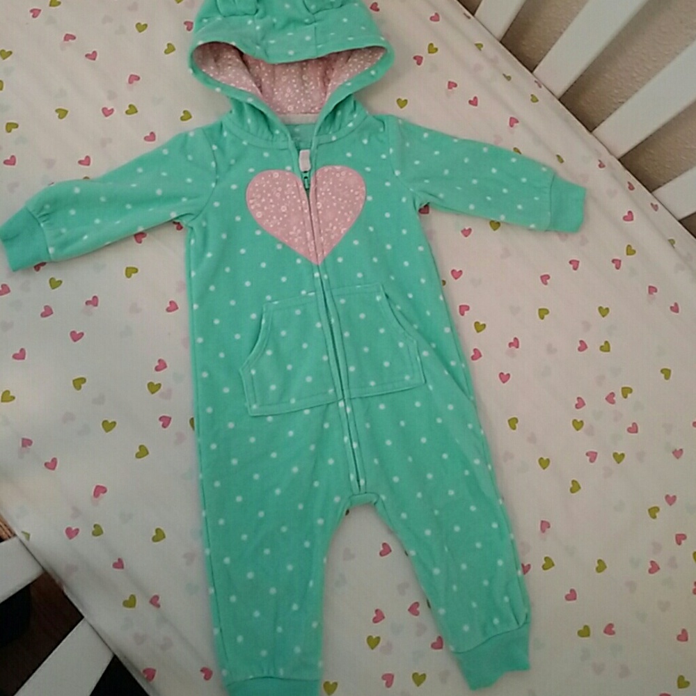 Carter's Aqua polka dot fleece jumpsuit