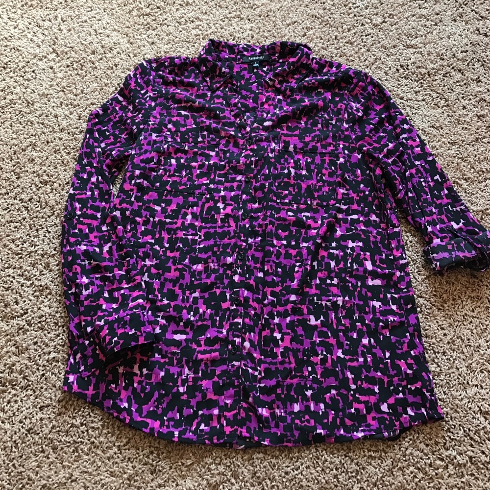 Tunic blouse roll up sleeves pink purple black