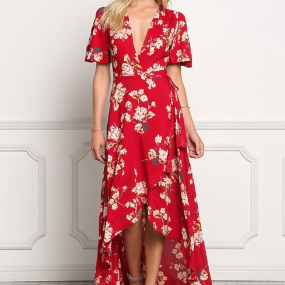 Wrap Red Floral Dress