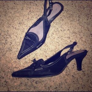 Black pointed toe, strap heel