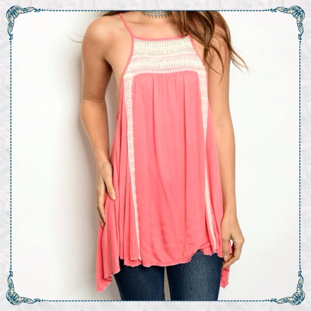 🌸✨Pink Racer Back Tunic Top w/ Crochet Detailing