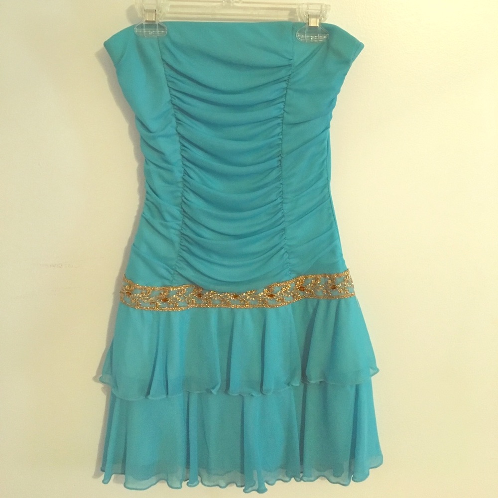 Aquamarine Dress with Gold Embellishment