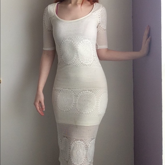 F21 Knit crochet ivory bodycon midi dress S-M - Picture 1 of 5