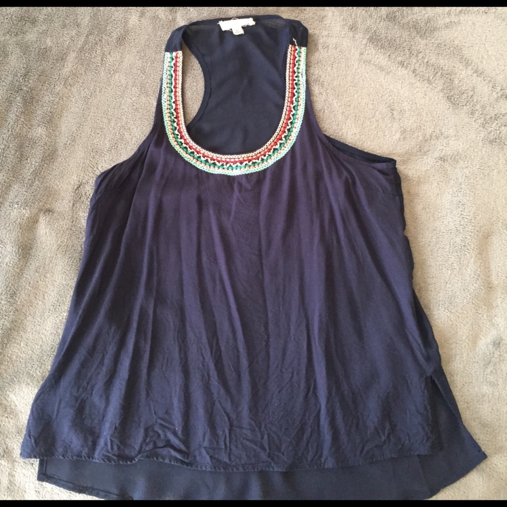 Women's blue with multi colored neck line tank top
