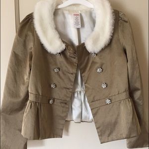 Stylish sateen girls jacket white fur trim size 9
