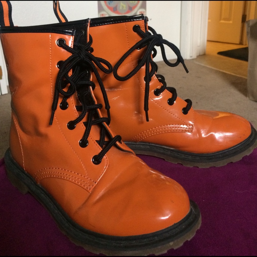 Orange Patent Leather Combat Boots 🍊