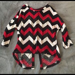 Red black and white chevron button back shirt