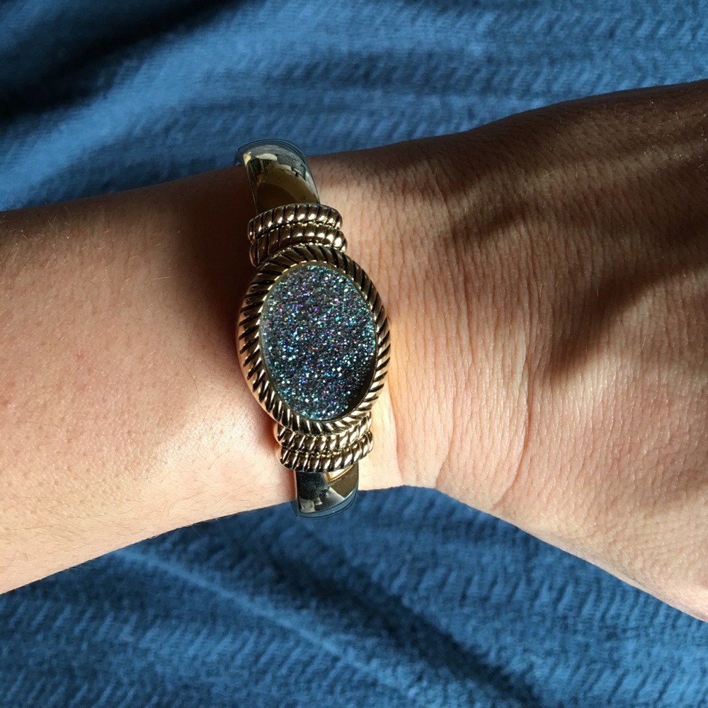 Bangle watch with rainbow druzy stone