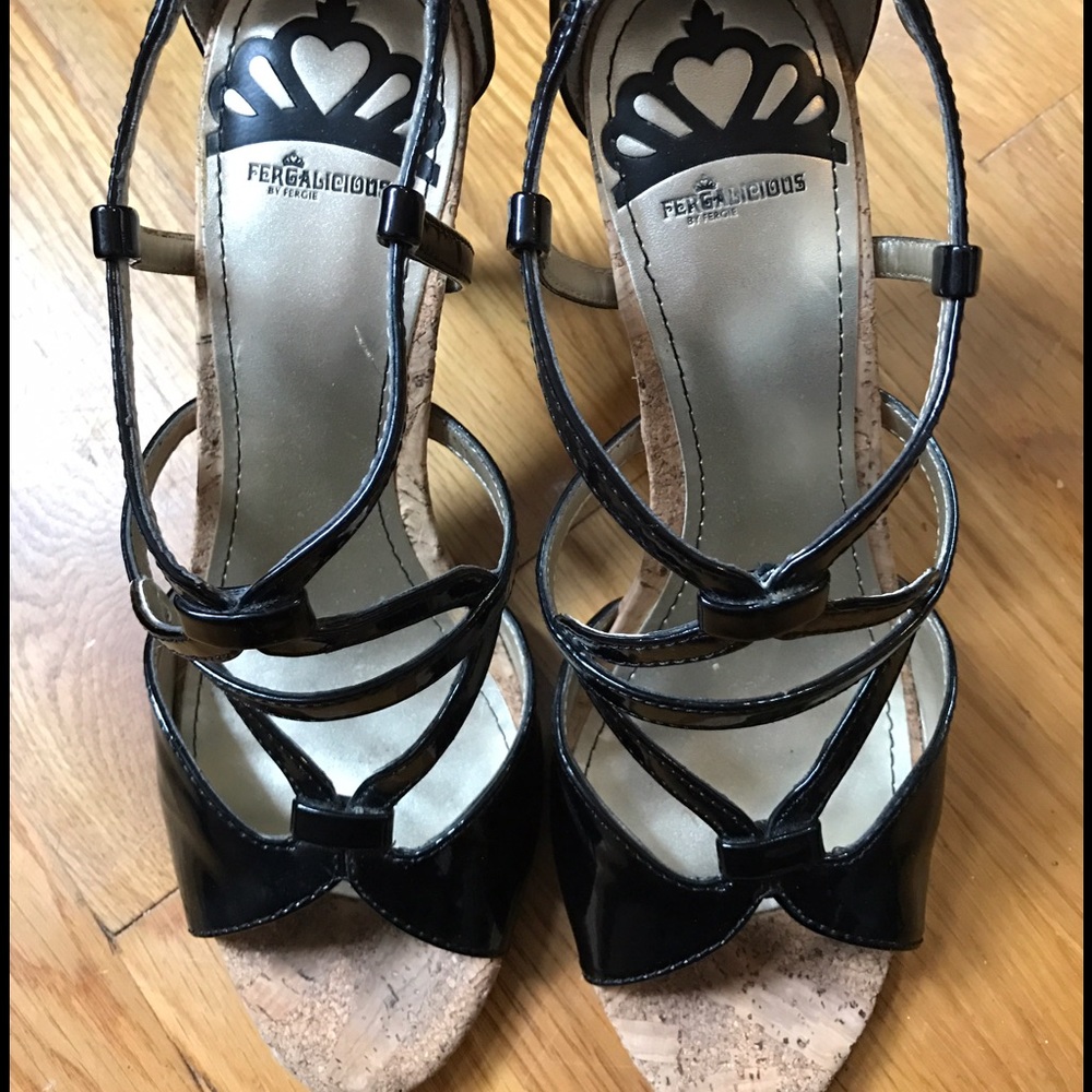 Fergie Black Sandal Caged Strappy Cork Heels Pumps