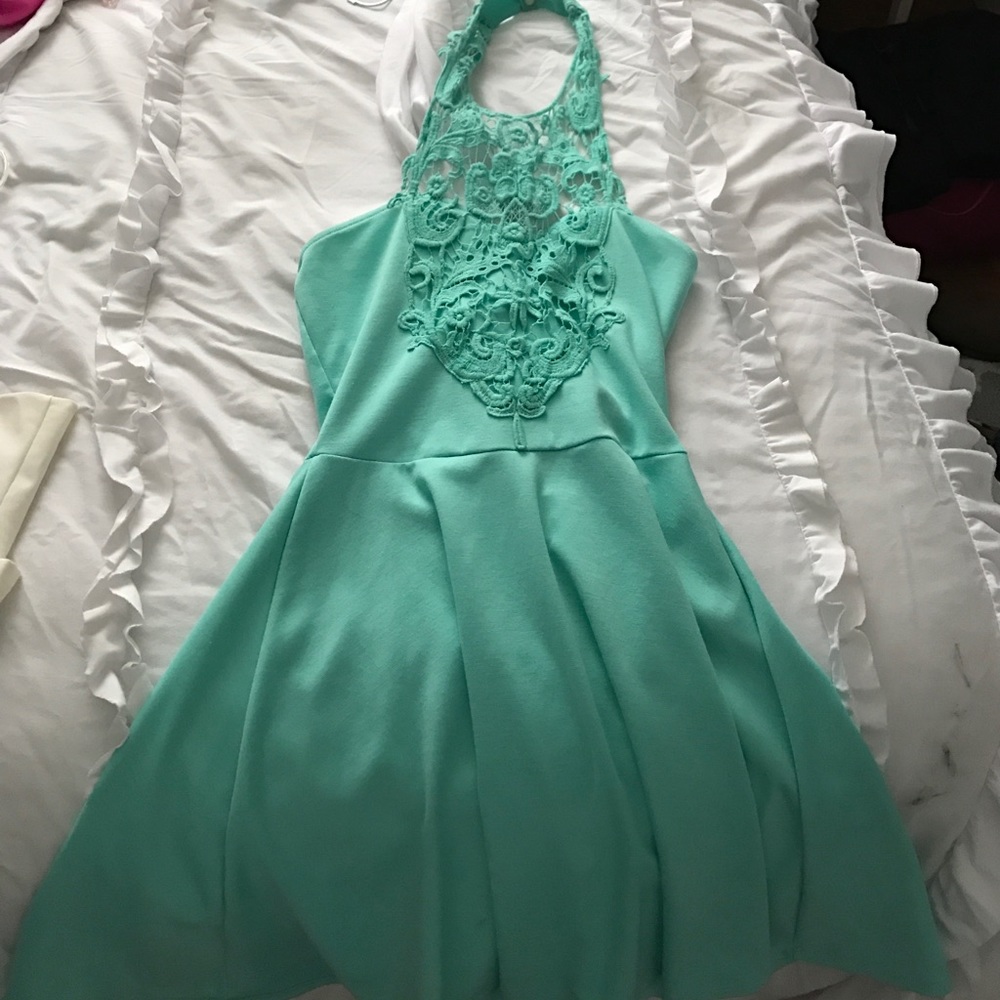 embroidered teal skater dress
