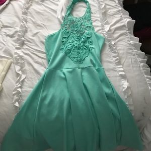 embroidered teal skater dress