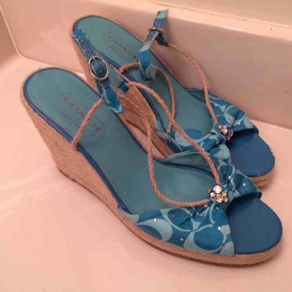 Coach Madison Aqua/Rhinestone Espadrille Wedge Sz6