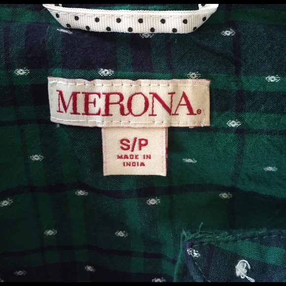 Green plaid white dots button down women's shirt - Picture 2 of 2