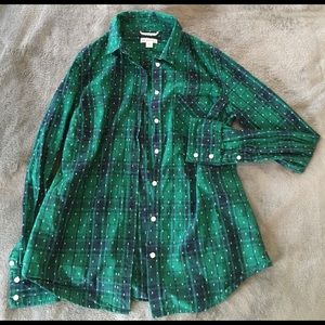 Green plaid white dots button down women's shirt