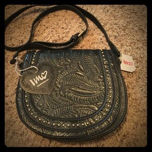 Black floral engraved, studded crossbody purse