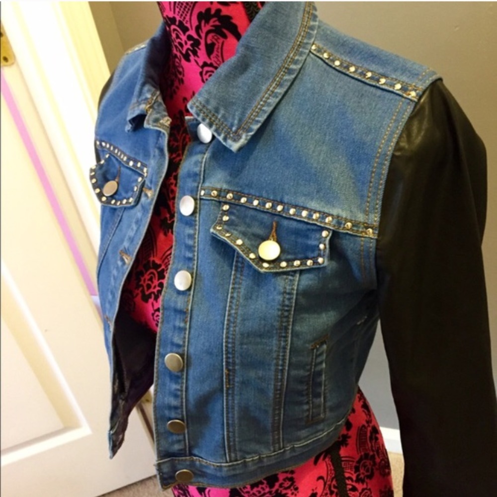Denim & faux learher crop jacket