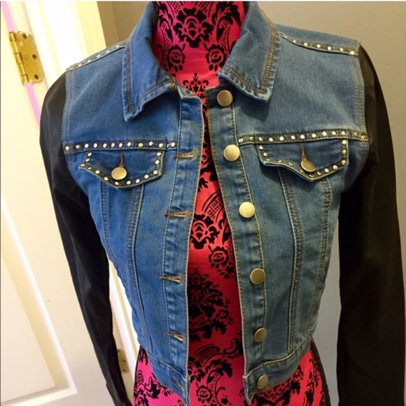 Denim & faux learher crop jacket - Picture 2 of 4