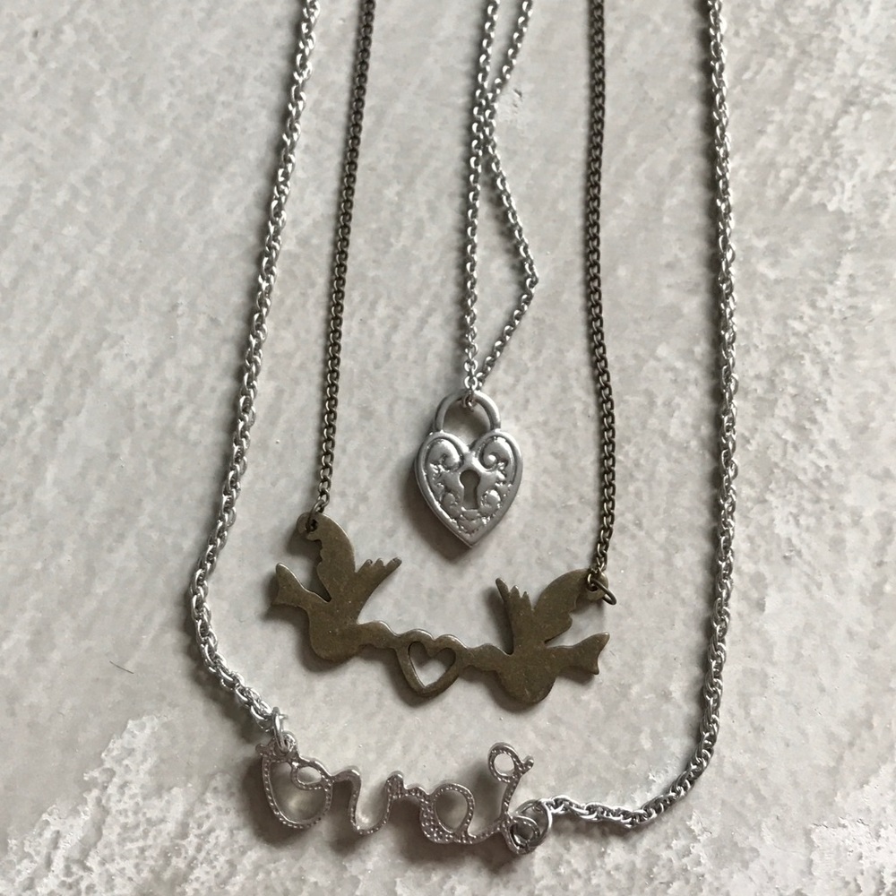 Three necklaces set -Love, friendship doves, heart