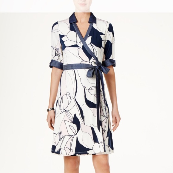 Ivanka Trump Wrap Dress Ivory Blue Pink NWT - Picture 1 of 8