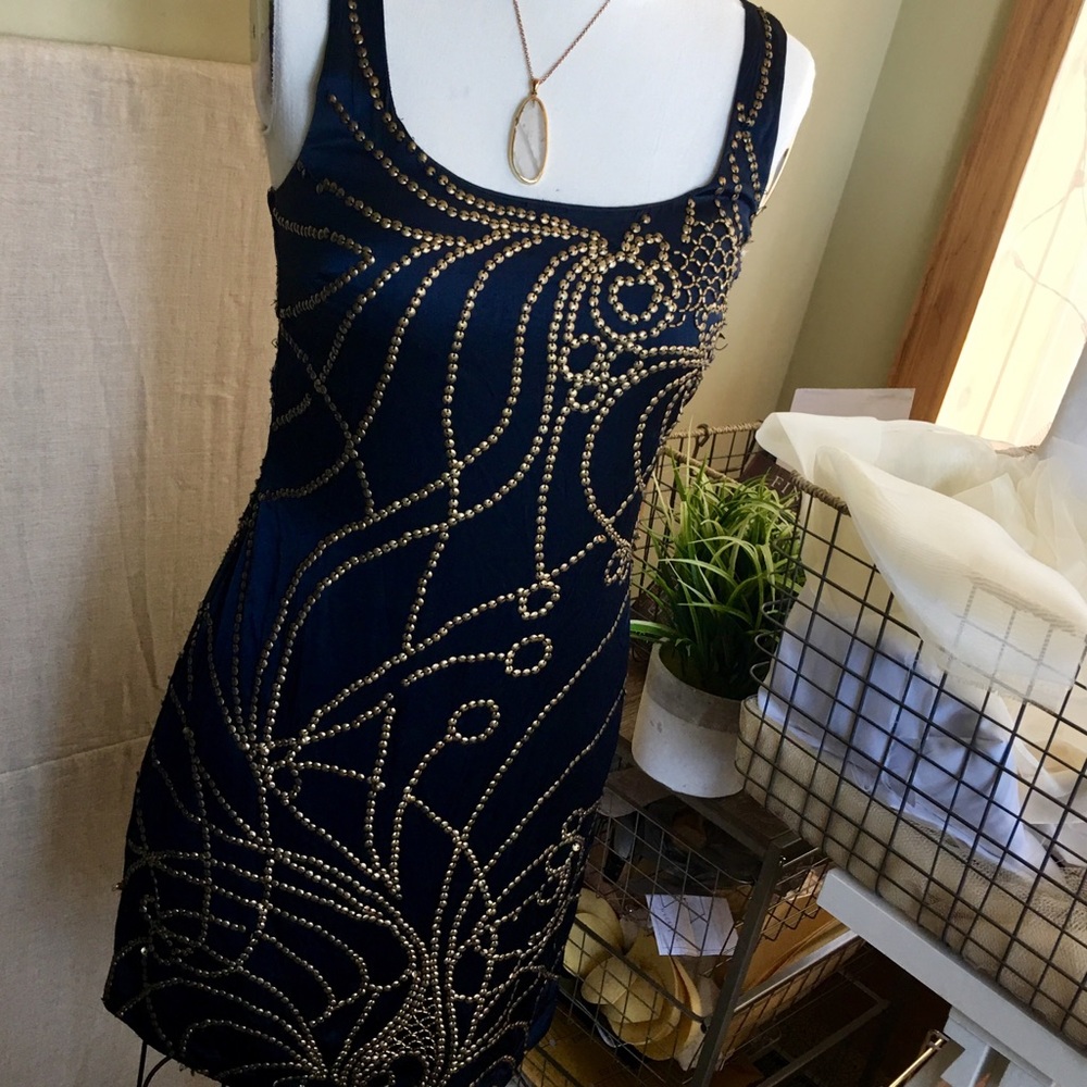 Designer satin cocktail dress navy