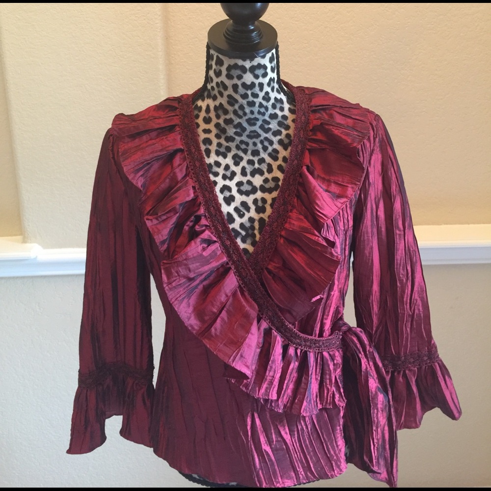 Jackie Jon Red Ruffle Formal Evening Wrap Blouse