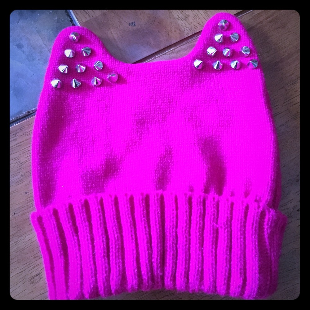 Girls size pink studded cat ears hat