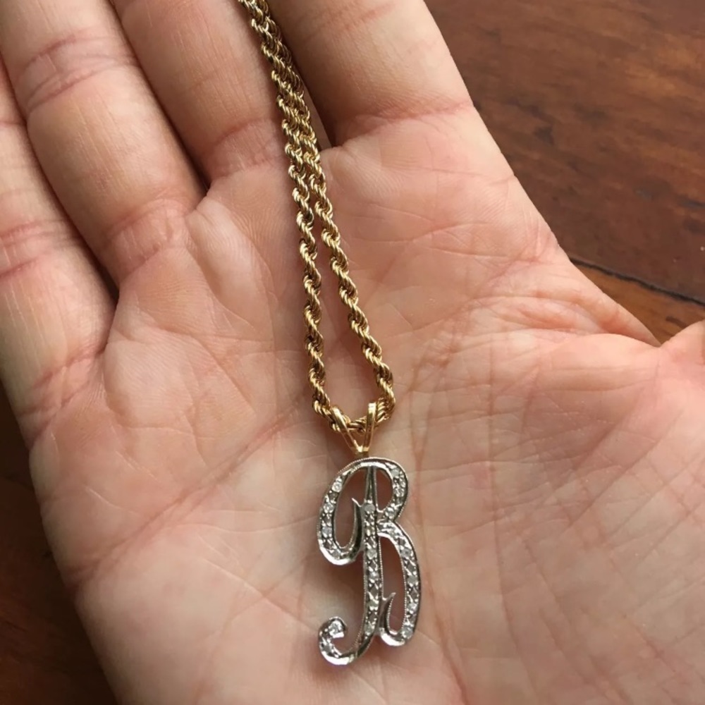 Art nouveau Diamond "B" Pendant 14k Yellow white G