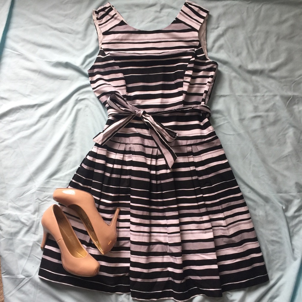 Black and white striped fit and flare dress