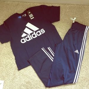 Men's Adidas navy 3stripe track pants and TShirt Men's Adidas navy 3stripe track pants and TShirt