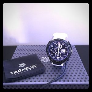 Tag Heuer Connected Watch with white band.