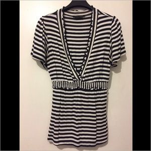 BCBG navy and white v-neck top