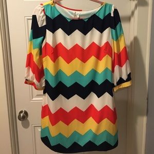 Multicolored Chevron 3/4 Sleeve Shift Dress