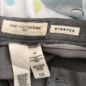 Gray stretch jeans.