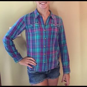 Teal and purple plaid button up top